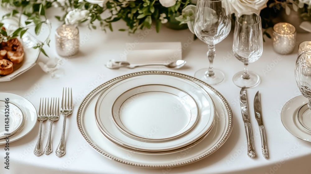custom made wallpaper toronto digitalA luxurious fine dining setup on a white background, showcasing an elegant tablecloth, polished silverware, crystal glassware, and gourmet dishes.