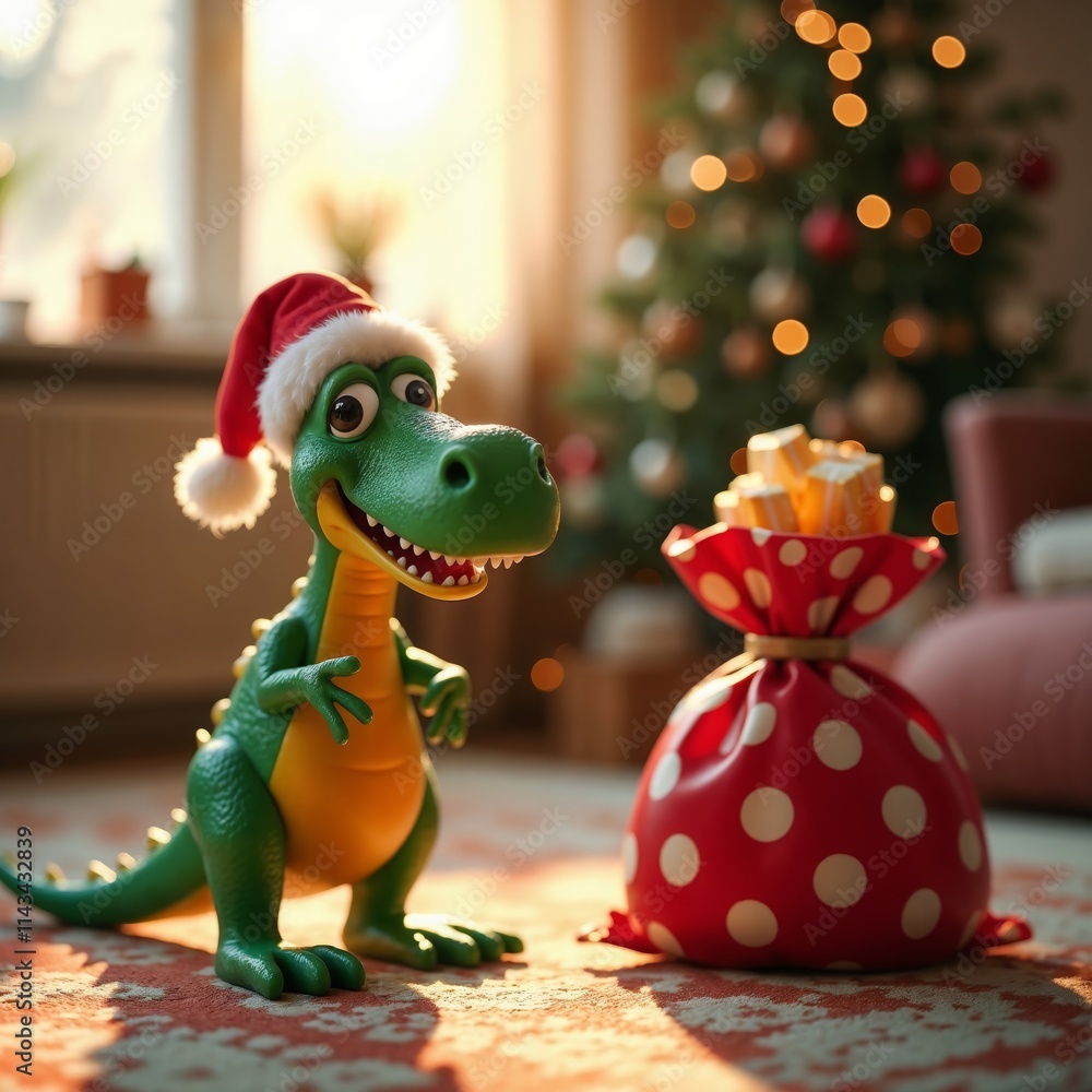 Santa hat dinosaur toy next to Christmas tree and gifts in cozy room.Dinosaur toy, Christmas decoration, festive room, holiday marketing, event promotion, celebration. Santa hat dinosaur toy next to Christmas tree and gifts in cozy room.Dinosaur toy, Christmas decoration, festive room, holiday marketing, event promotion, celebration.