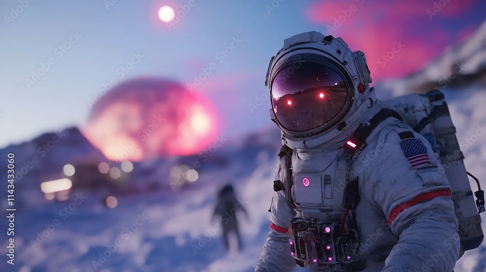 Astronaut on alien planet at sunset. Astronaut on alien planet at sunset.