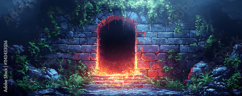 A dark tunnel with a glowing red opening