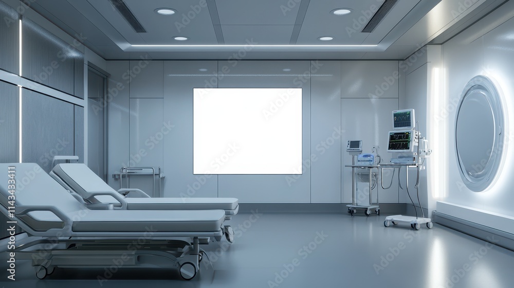 A mockup of an empty white poster on the wall in modern hospital waiting room with comfortable chairs and medical equipment. empty white blank poster on white wall in hospital, white board A mockup of an empty white poster on the wall in modern hospital waiting room with comfortable chairs and medical equipment. empty white blank poster on white wall in hospital, white board