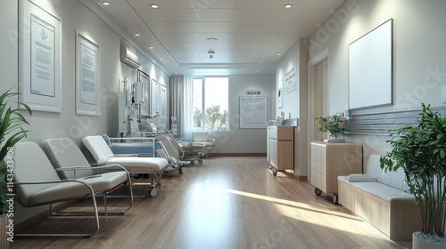 A mockup of an empty white poster on the wall in modern hospital waiting room with comfortable chairs and medical equipment. empty white blank poster on white wall in hospital  white board