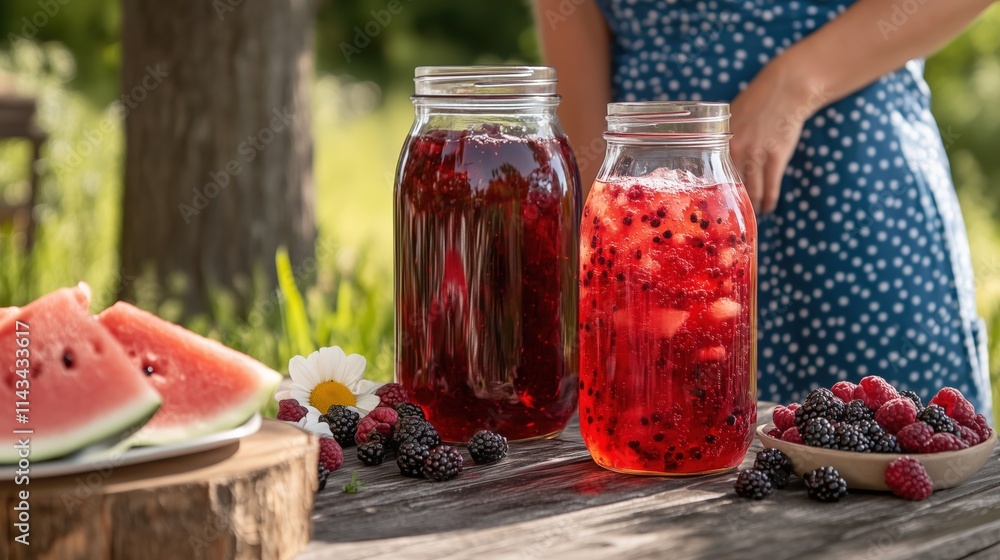 Berry and melon kombucha jars, concept of summer refreshment and health Berry and melon kombucha jars, concept of summer refreshment and health