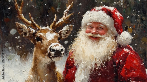 a oil painted christmas card with santa and a reindeer