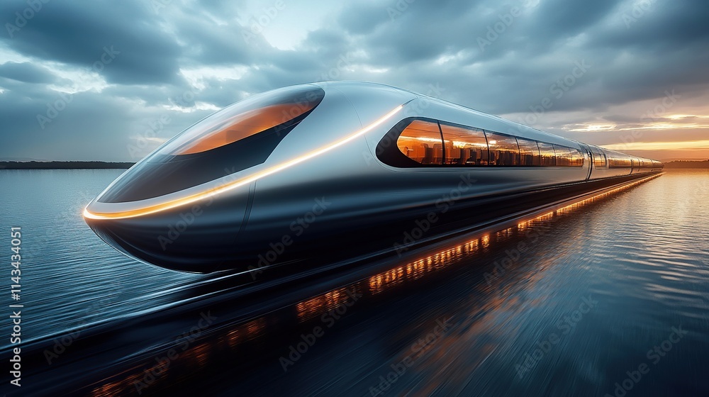 custom made wallpaper toronto digitalA futuristic train gliding over water, showcasing sleek design and advanced technology.