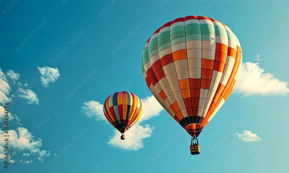 Two hot air balloons floating in clear blue sky Two hot air balloons floating in clear blue sky