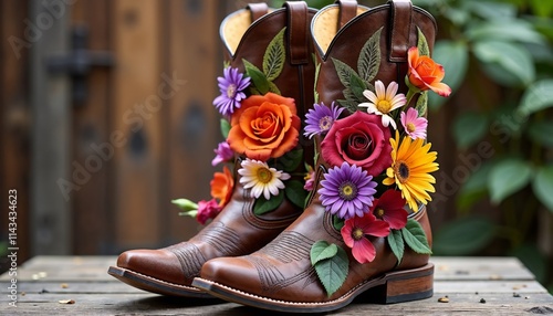 Brown cowboy boots with floral designs in vibrant colors. Western fashion, cowboy boots, floral decoration, rustic theme, vintage style, boots with flowers, fashion accessories, rustic home decor.