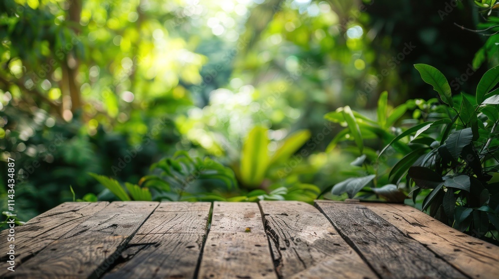 Wooden table with lush natural background, AI generated image Wooden table with lush natural background, AI generated image