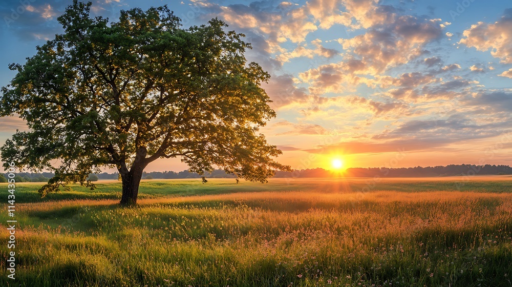Sunrise over a field with a lone tree. Concept of peace, tranquility, and nature. Sunrise over a field with a lone tree. Concept of peace, tranquility, and nature.