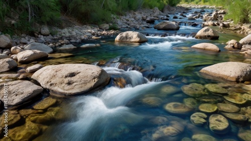 renewal nature background, The clear water flows in a small river, reflecting a natural atmosphere full of energy 