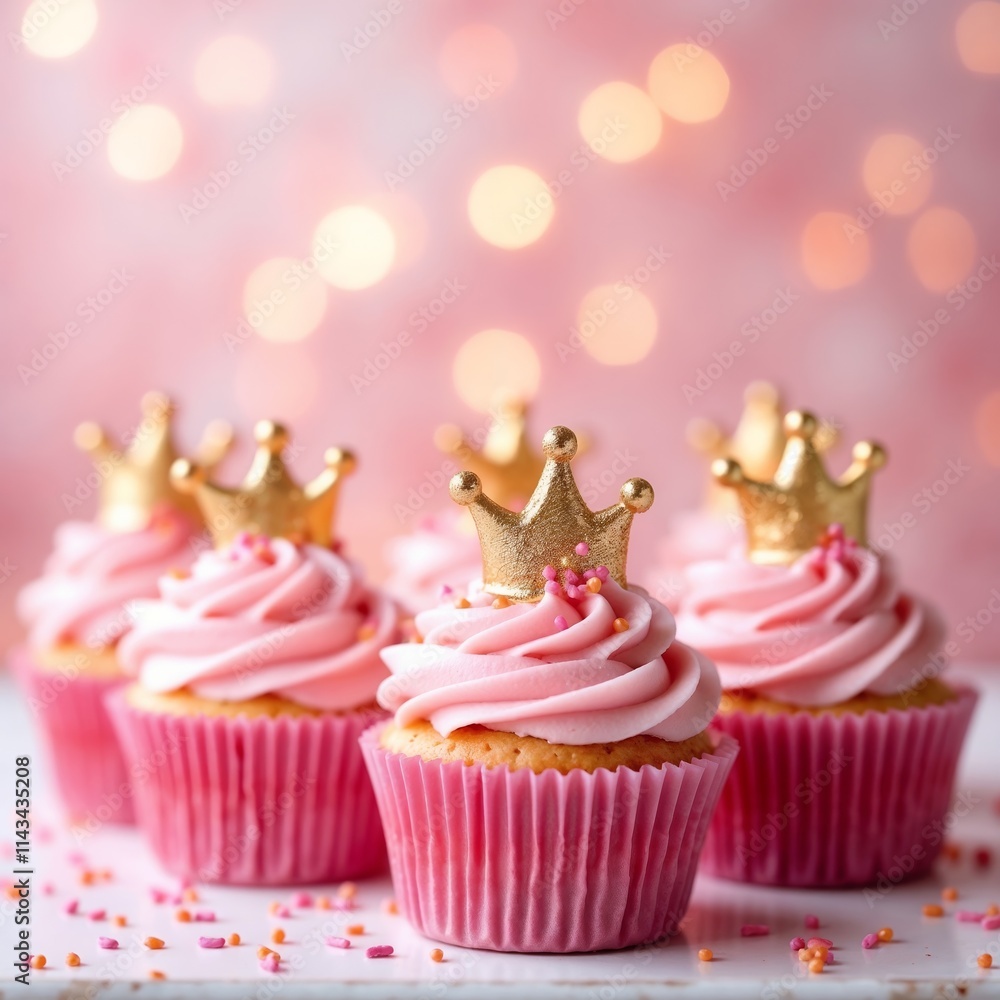 Pink frosted cupcakes with golden crowns and festive sprinkles on a blurred background.Valentine's Day, cupcakes, celebration treats, dessert, event promotion, festive food.Sweetness. Celebration. Val Pink frosted cupcakes with golden crowns and festive sprinkles on a blurred background.Valentine's Day, cupcakes, celebration treats, dessert, event promotion, festive food.Sweetness. Celebration. Val