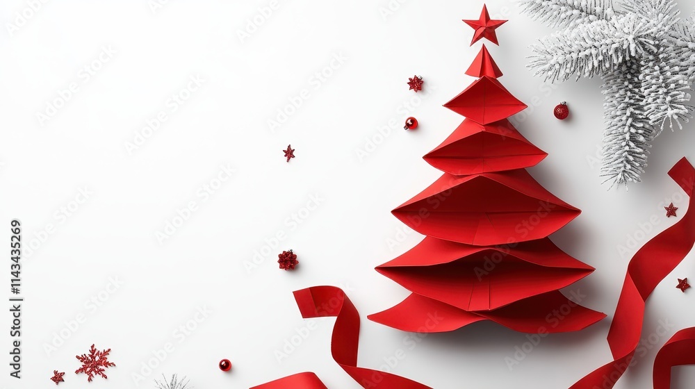 A red ribbon christmas tree origami paper white background. A red ribbon christmas tree origami paper white background.