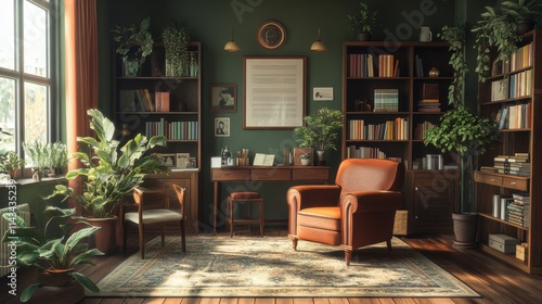 A psychologist s office  warmly lit and furnished with books and plants  evoking a sense of calm and knowledge  ideal for mental health and intellectual settings.
