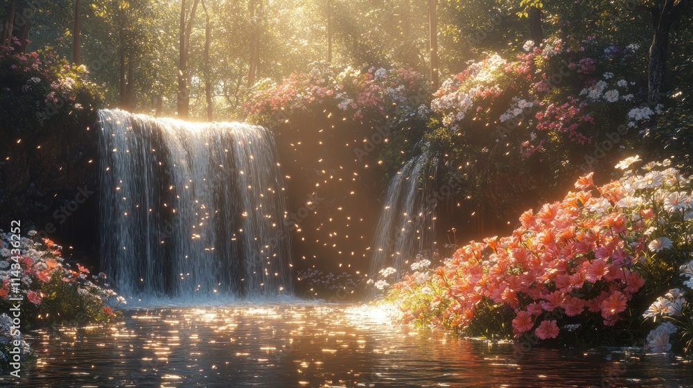 Fototapeta premium Sunlit waterfall, vibrant flowers, tranquil pool.