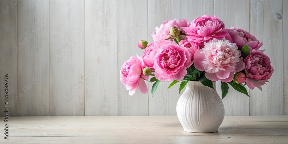Delicate pink peonies arranged in a lush bouquet and placed in a elegant white vase on a minimalist wooden table, peony arrangement, beautiful blooms Delicate pink peonies arranged in a lush bouquet and placed in a elegant white vase on a minimalist wooden table, peony arrangement, beautiful blooms