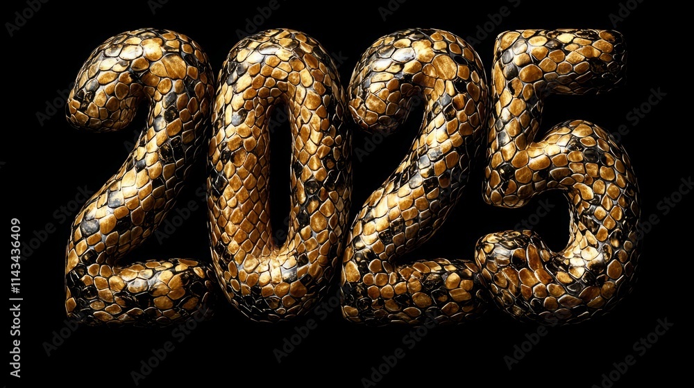 Celebrating future visions 2025 in skin snake golden text digital art black background imaginative concept Celebrating future visions 2025 in skin snake golden text digital art black background imaginative concept