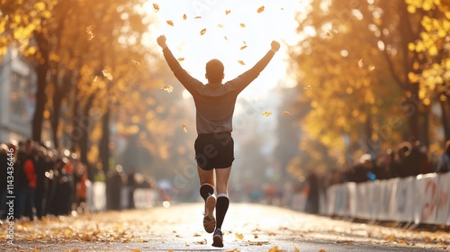 Runner celebrating victory in autumn marathon.