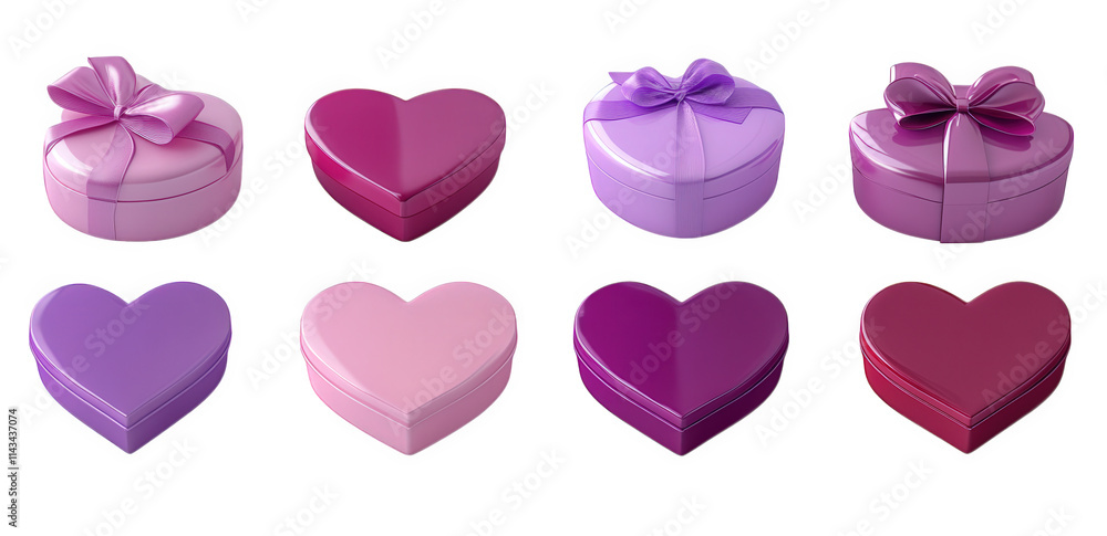 set of six heart-shaped gift boxes in various shades of pink and purple. with and without bows. isolated on transparent background set of six heart-shaped gift boxes in various shades of pink and purple. with and without bows. isolated on transparent background