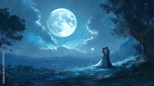 Romantic couple embracing under a full moon in a mystical night landscape.
