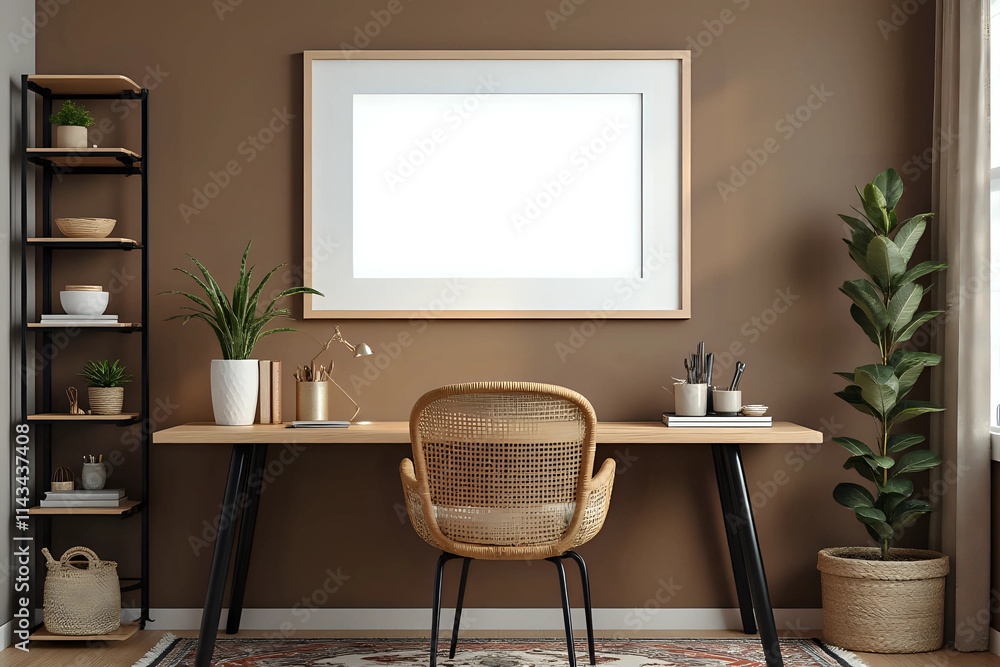 Creative composition of workplace interior with mock up poster frame, wooden desk, rattan chair, black rack, patterned rug, plant, brown wall, books and personal accessories. Front view. Creative composition of workplace interior with mock up poster frame, wooden desk, rattan chair, black rack, patterned rug, plant, brown wall, books and personal accessories. Front view.