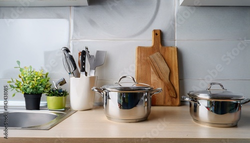 Countertop with knives, pots, cutting board and various ingredients organized in kitchen