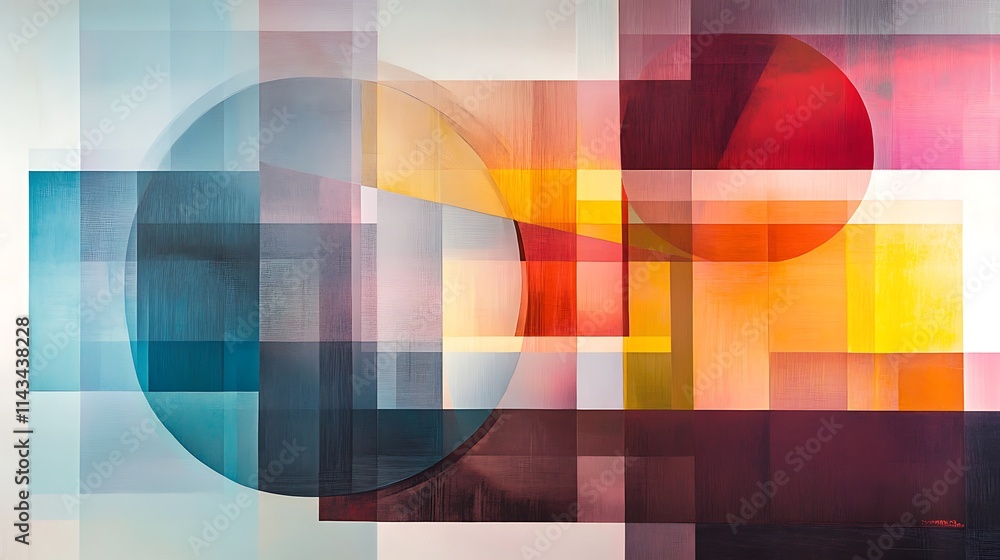 Obraz premium Abstract painting with overlapping geometric shapes in warm and cool tones.