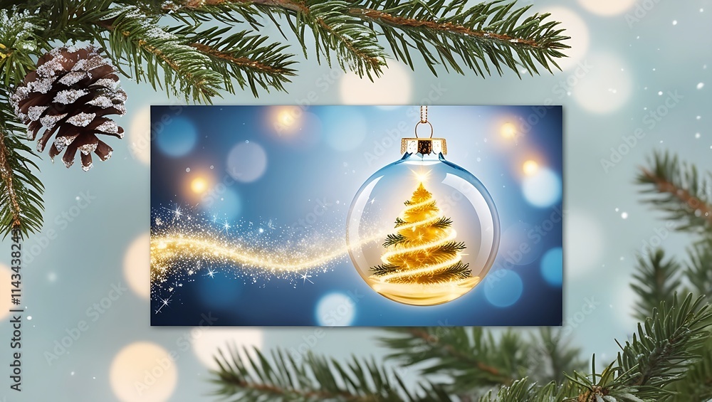 Festive digital artwork with a glowing spiral tree in a glass ornament on a pine branch, frosted needles, and a dreamy blue bokeh winter background. Festive digital artwork with a glowing spiral tree in a glass ornament on a pine branch, frosted needles, and a dreamy blue bokeh winter background.