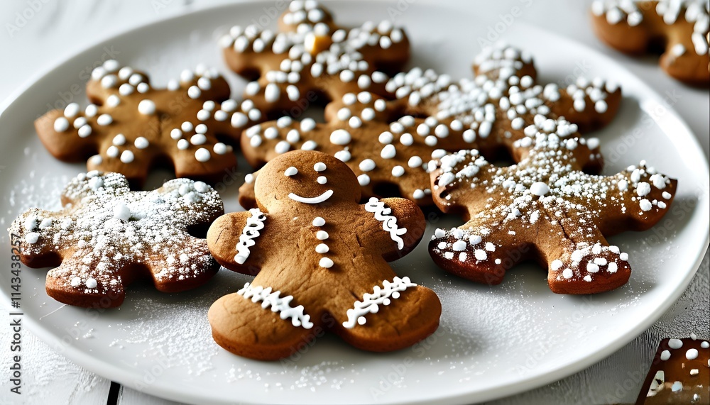 Homemade Christmas gingerbread cookies with chocolate and icing on a plate, decorated for the holiday season Homemade Christmas gingerbread cookies with chocolate and icing on a plate, decorated for the holiday season