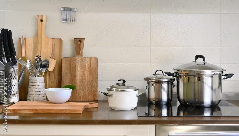 Countertop with knives, pots, cutting board and various ingredients organized in kitchen Countertop with knives, pots, cutting board and various ingredients organized in kitchen
