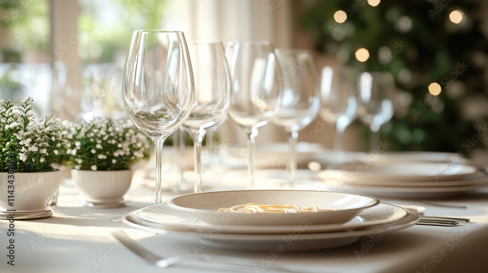 A table set with pasta dishes and wine glasses A table set with pasta dishes and wine glasses