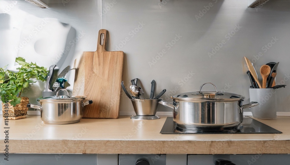 Countertop with knives, pots, cutting board and various ingredients organized in kitchen Countertop with knives, pots, cutting board and various ingredients organized in kitchen