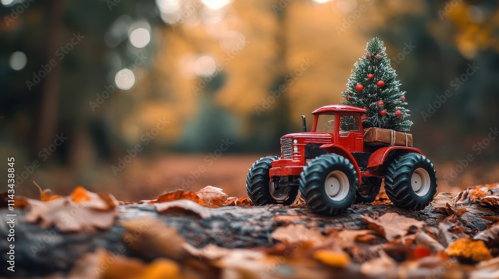 A toy tractor loaded with a Christmas tree travels along a log in a serene autumn forest, surrounded by blurred colorful foliage A toy tractor loaded with a Christmas tree travels along a log in a serene autumn forest, surrounded by blurred colorful foliage