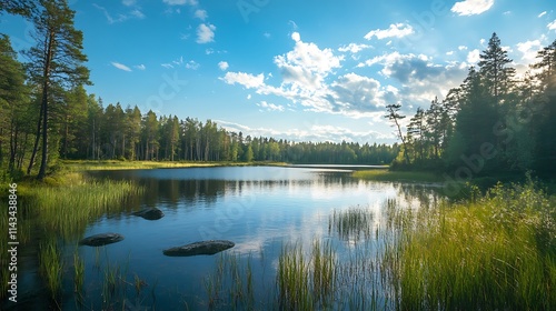 Serene Forest Lake Landscape. Tranquil Nature Scene. photo