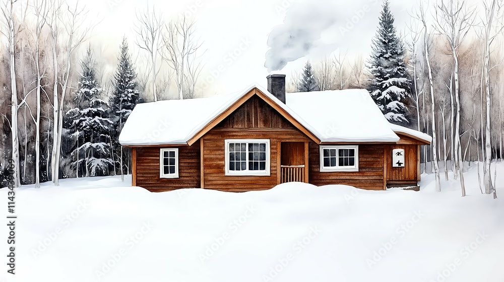Cozy winter wall art of a charming snowcovered cabin in a forest, painted in vibrant watercolors with soft details of smoke rising from the chimney Cozy winter wall art of a charming snowcovered cabin in a forest, painted in vibrant watercolors with soft details of smoke rising from the chimney