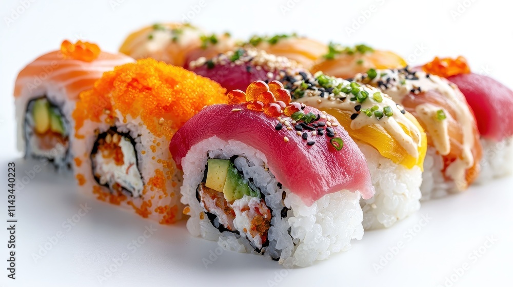 A vibrant selection of fusion cuisine highlights an inventive blend of sushi, tacos, curry, pasta, and more, all presented against a pristine white background. A vibrant selection of fusion cuisine highlights an inventive blend of sushi, tacos, curry, pasta, and more, all presented against a pristine white background.