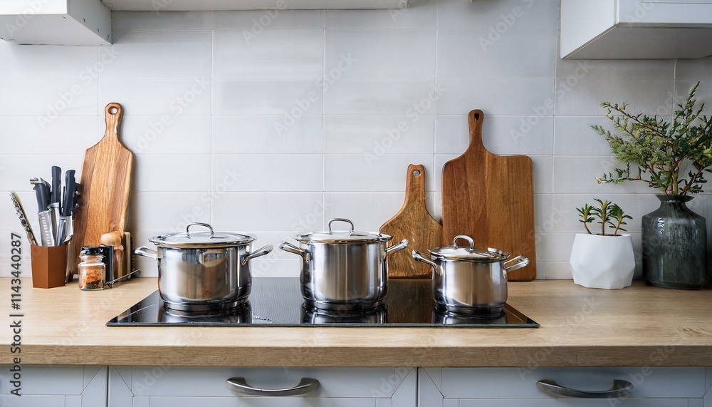 Countertop with knives, pots, cutting board and various ingredients organized in kitchen Countertop with knives, pots, cutting board and various ingredients organized in kitchen