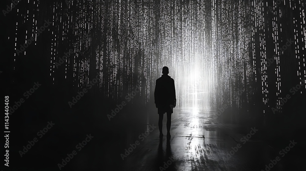Silhouetted person walking towards a bright light in a dark, digital rain. Silhouetted person walking towards a bright light in a dark, digital rain.