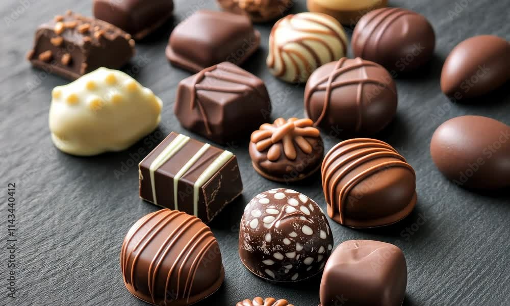 Assorted gourmet chocolates on dark slate surface Assorted gourmet chocolates on dark slate surface