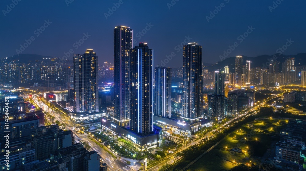 Aerial view of skyscrapers at night Aerial view of skyscrapers at night