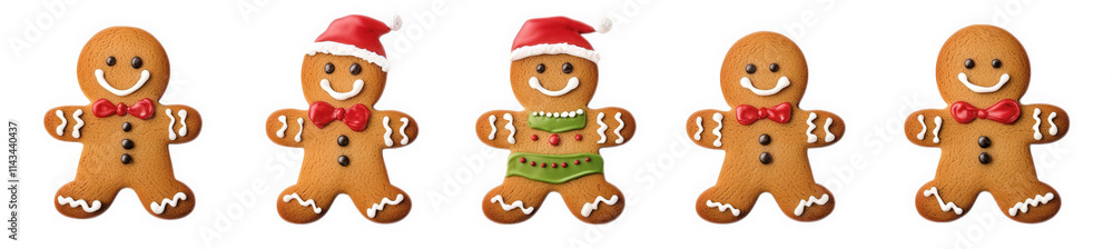 five gingerbread men cookies decorated with red bow tie. red hat. and green wreath isolated on transparent background five gingerbread men cookies decorated with red bow tie. red hat. and green wreath isolated on transparent background