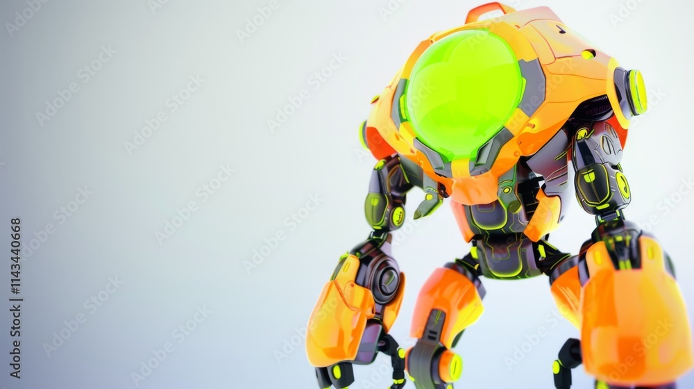 A bold, vibrant orange robot with glowing green highlights and intricate mechanical details, standing prominently against a minimalist gradient background. AI generated. A bold, vibrant orange robot with glowing green highlights and intricate mechanical details, standing prominently against a minimalist gradient background. AI generated.