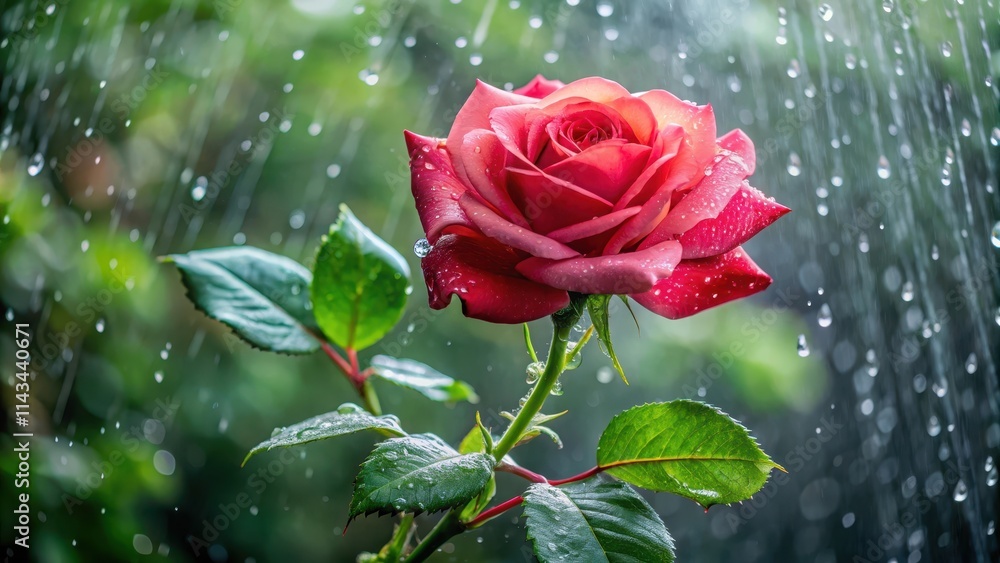 Obraz premium Rose blooming in a rainy day, foliage, droplets, foliage, droplets, blossom, garden