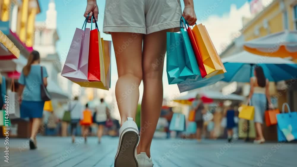 Young Female in Shorts and Sneakers Walking Down the City Street with Shopping Packages Young Female in Shorts and Sneakers Walking Down the City Street with Shopping Packages