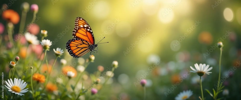 Obraz premium Bright orange butterfly hovering over daisies and orange flowers in nature.Copy space, spring celebration, garden theme, event promotion, seasonal greetings, natural background.Growth. Renewal. Life's