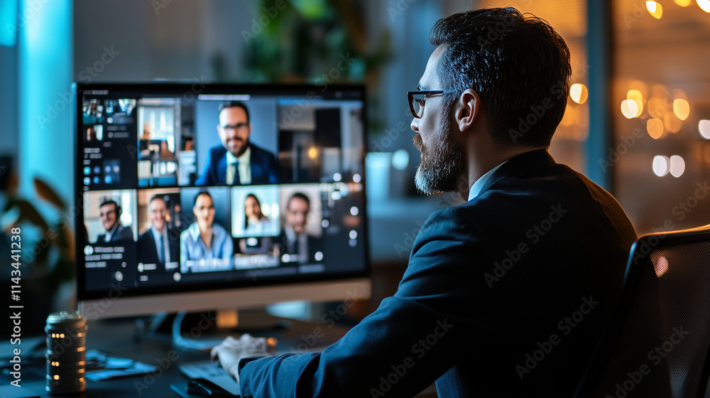 setup with a professional background, good lighting, and someone in business attire, engaged in a video call setup with a professional background, good lighting, and someone in business attire, engaged in a video call