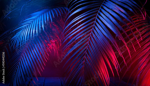 Creative fluorescent color layout made of tropical leaves. Flat lay neon colors. Nature concept.