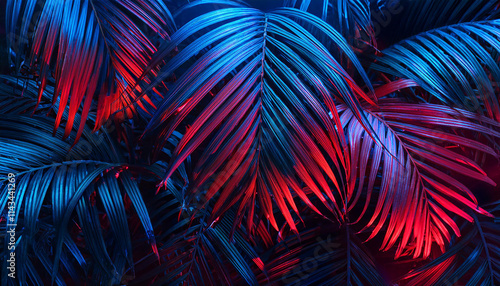 Creative fluorescent color layout made of tropical leaves. Flat lay neon colors. Nature concept.