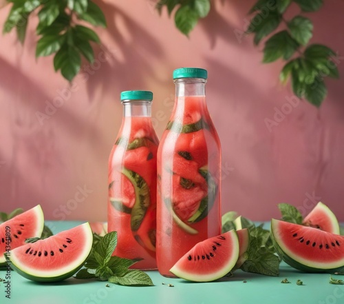 Watermelon mint agua fresca in plastic bottles with mint leaves and watermelon slices on colorful background, Mexican, fruity photo