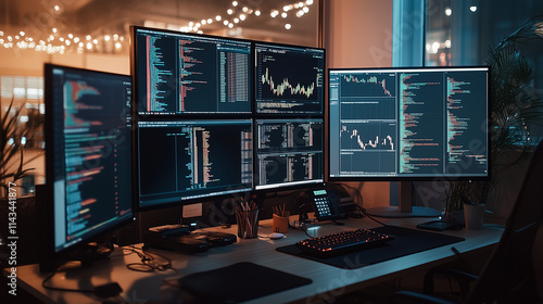 A setup with several screens, each showing different tasks, for multitasking or financial trading