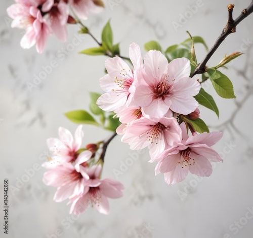 Watercolor cherry blossom branch with delicate pink flowers and green leaves on white textured background, delicate petals, Asian inspiration